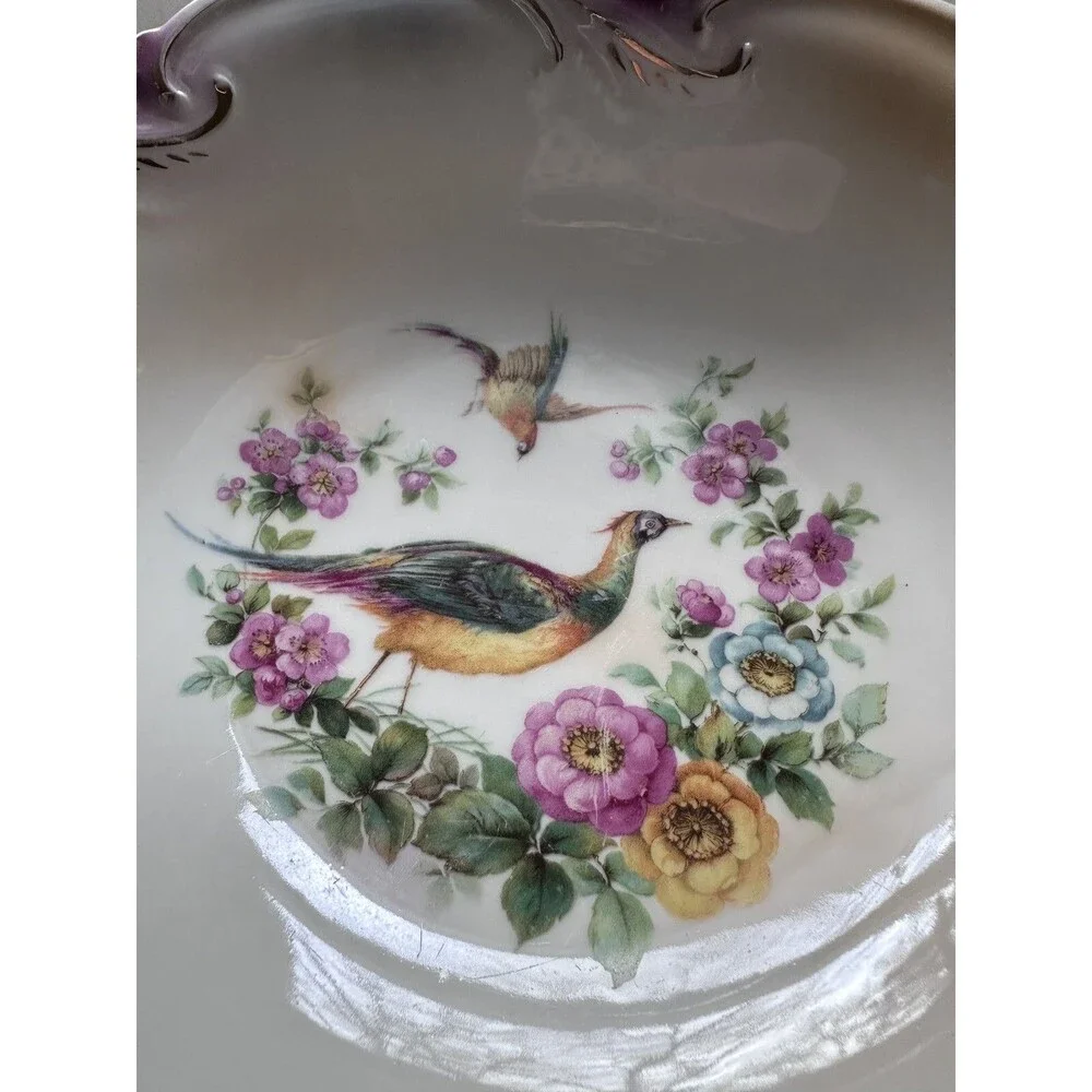Vintage Floral Porcelain Serving Bowl Pheasants Scalloped Edge Made in Germany